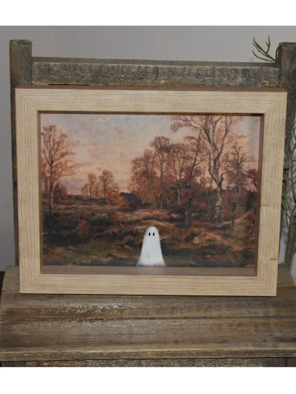 Cottage Farmhouse Framed Ghost Forest Picture Wall Art Fall Halloween Decor